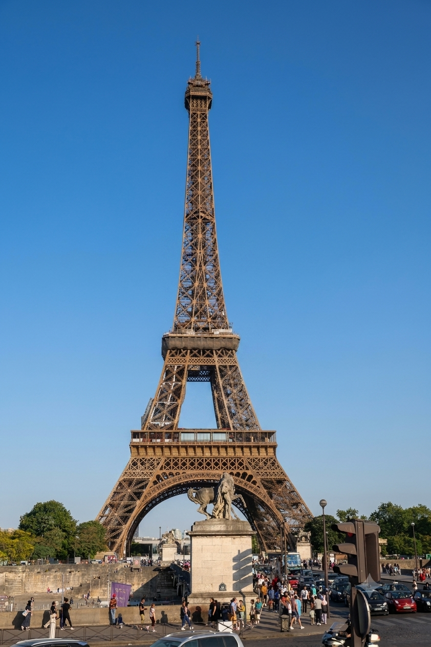 The same Eiffel Tower photograph, re-generated by AI with the street lamp removed.