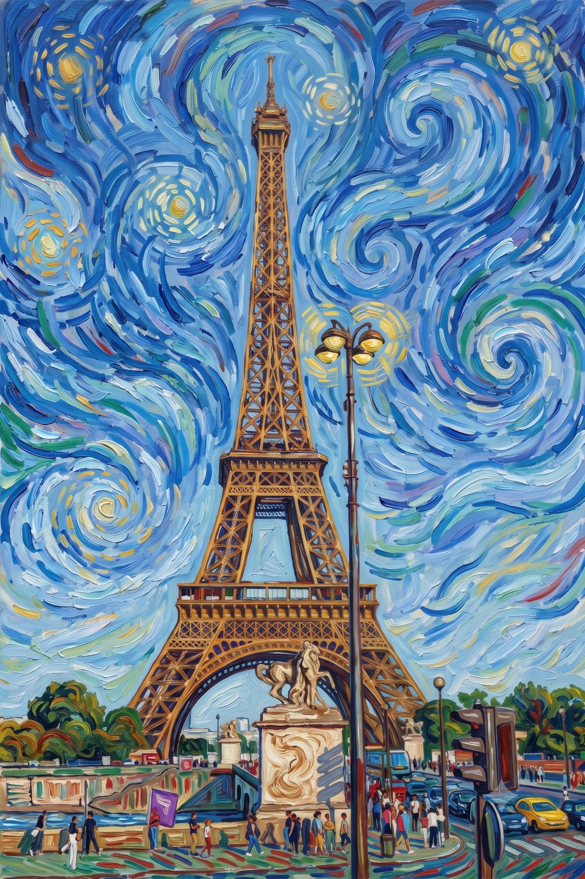 A Van Gogh style oil painting of the same Eiffel Tower scene, with swirling starry sky.