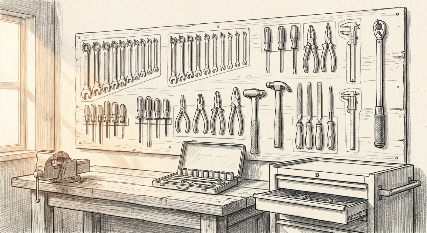 Pencil drawing of a home workshop: a pegboard wall hung with wrenches, screwdrivers, pliers, files and calipers in size order, a torque wrench hanging apart on the right, and a workbench below with a vise, an open socket set and a rolling tool chest.
