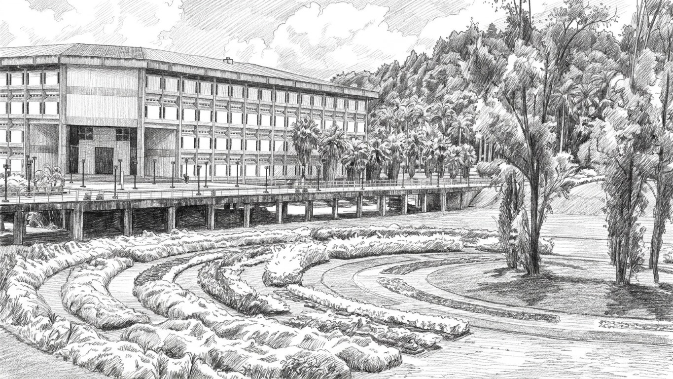 Pencil drawing of the Universidad Simón Bolívar library in Caracas, seen across its terraced gardens.